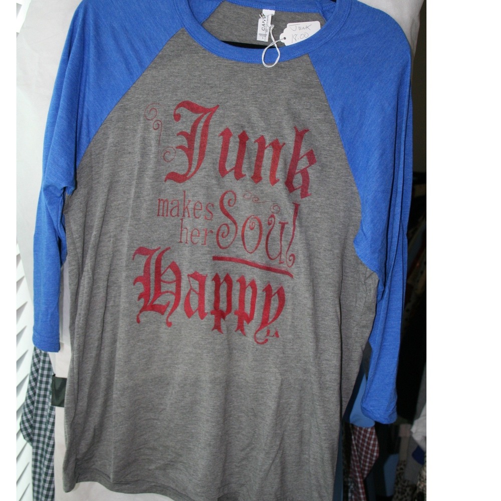 Bella Canvas Junk Makes Her Soul Happy Raglan Baseball Tee Grey Blue Large